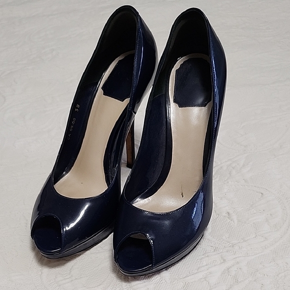 Blue Patent Leather Peep-Toe Heels - Picture 1 of 9